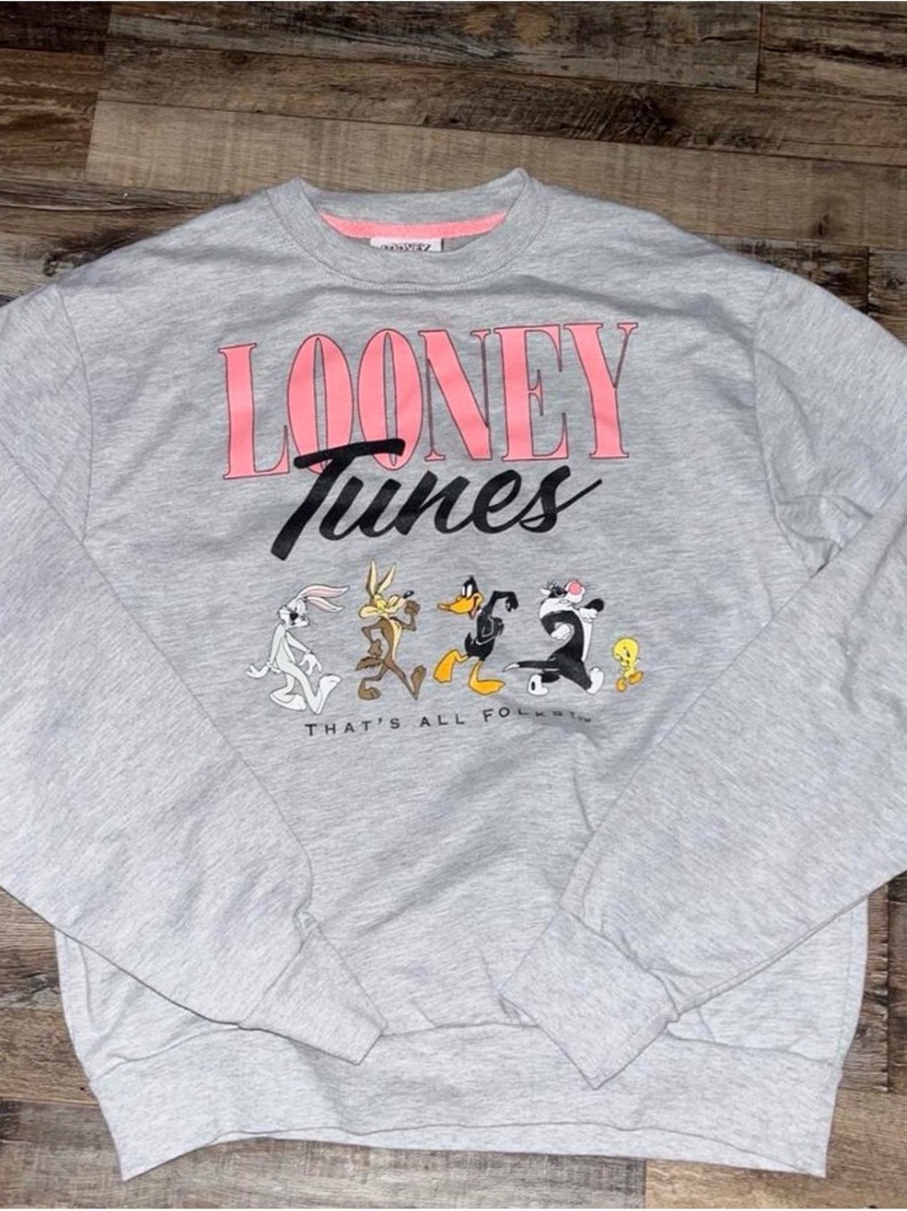 Warner Bros. Light Gray Looney Tunes Crewneck with Pink Logo